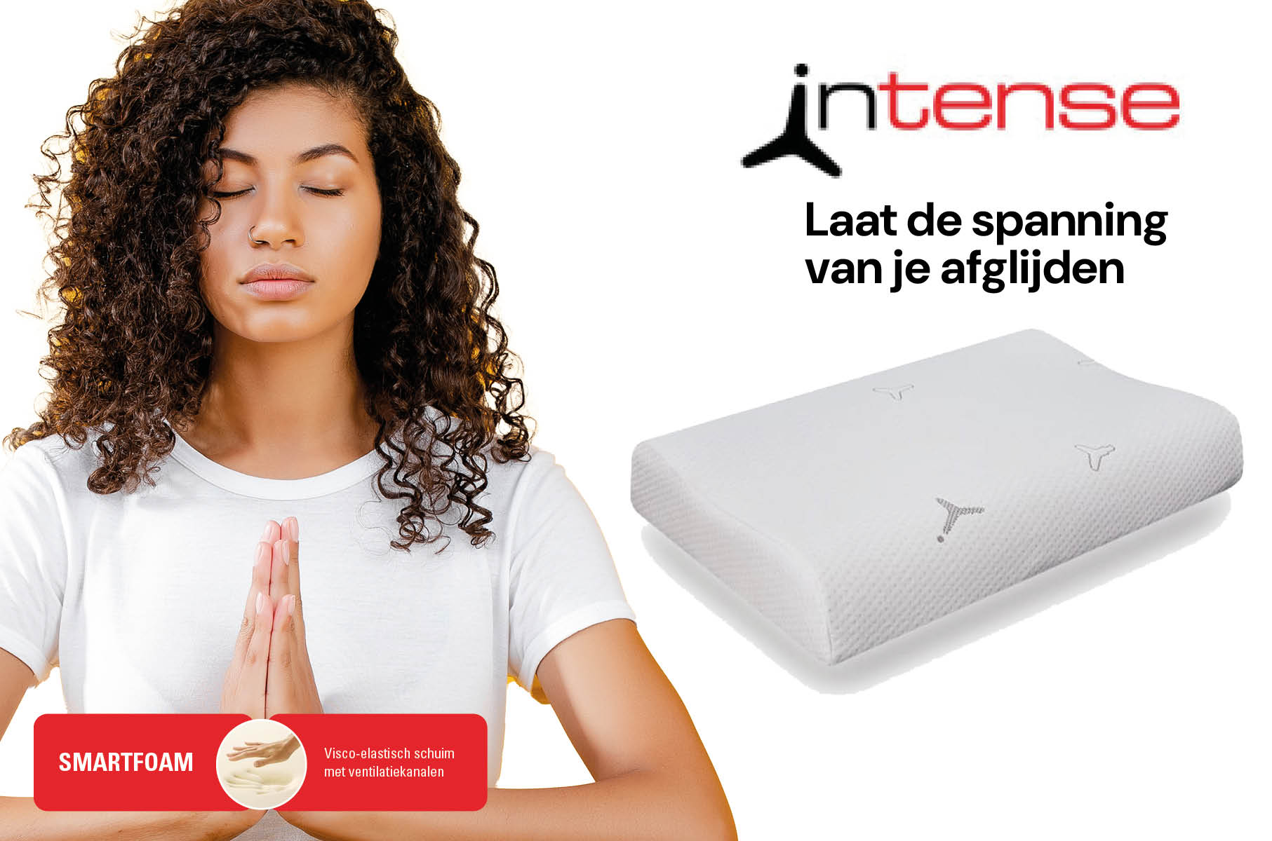 Het Intense Smartfoam kussen van Gezondheidskussen is ergonomisch ontworpen met een nekrol contour ondersteuning en is in hoogte verstelbaar met een losse Smartfoam plaat onder het kussen.