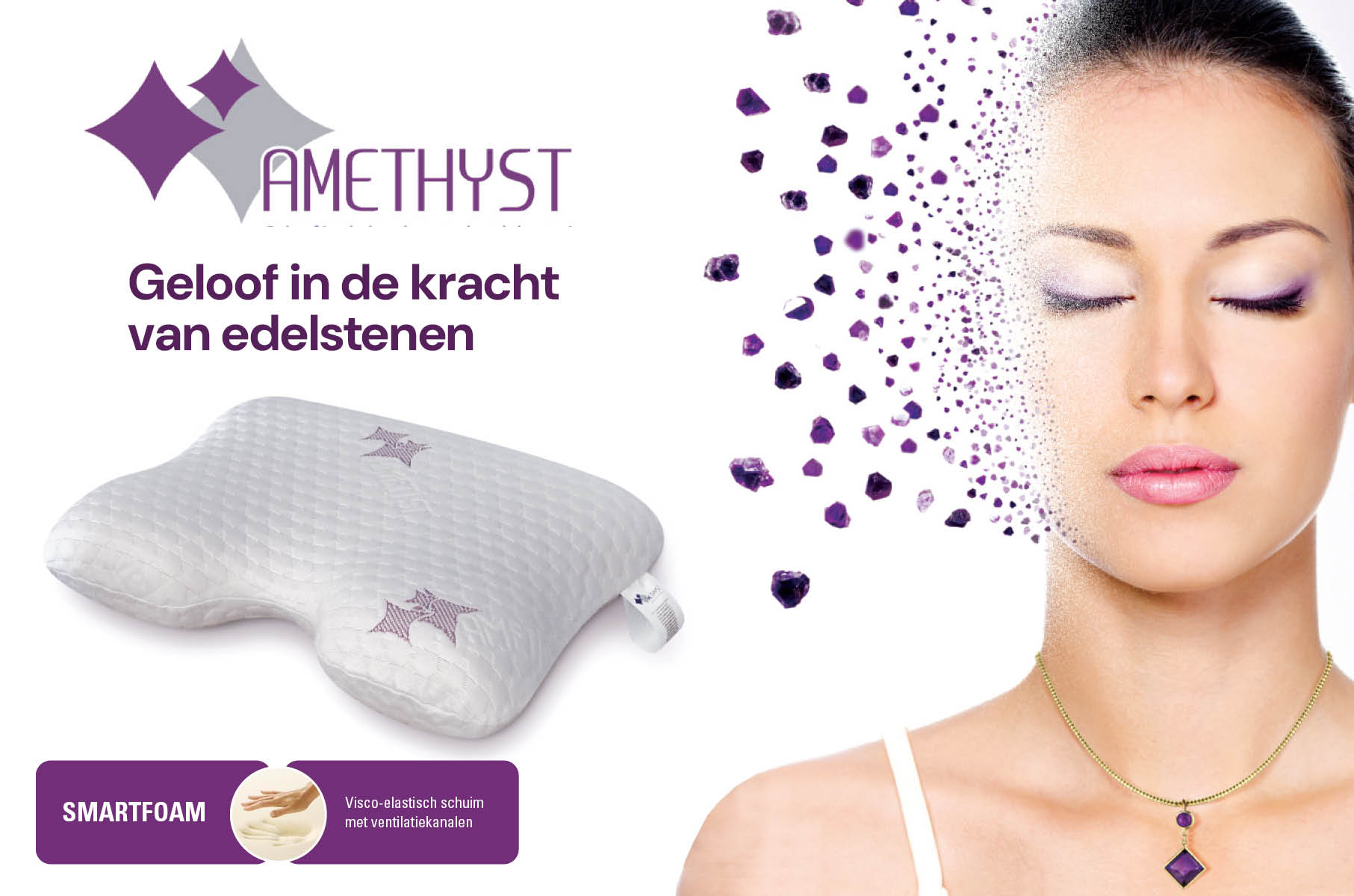 Het Amethyst Smartfoam kussen van Gezondheidskussen is ergonomisch ontworpen met een nek contour uitsparing en ideaal voor zijslapers.